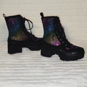 White Rainbow Rhinestone Chunky Heel Combat Boots - Wild Diva - Final Sale main image 0